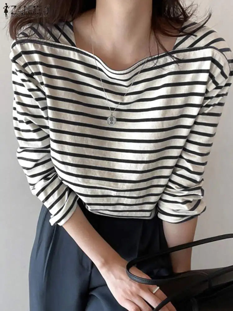 ZANZEA Women's Striped Square Neck Blouse — Long Sleeve Elegant Work Top