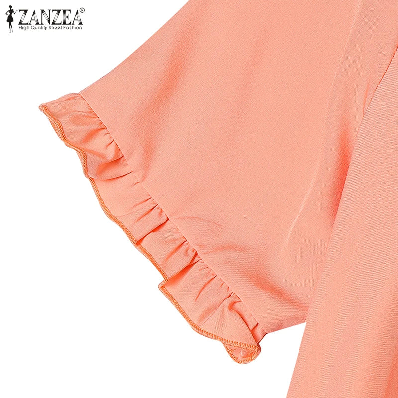 ZANZEA Women's Pleated Midi Dress — Short Sleeve O-Neck Office Sundress