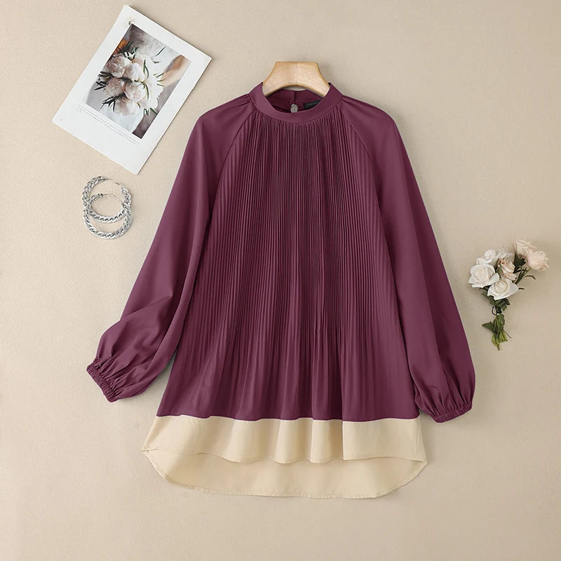 ZANZEA Women's Patchwork Blouse — Long Lantern Sleeve Pleated Work Shirt