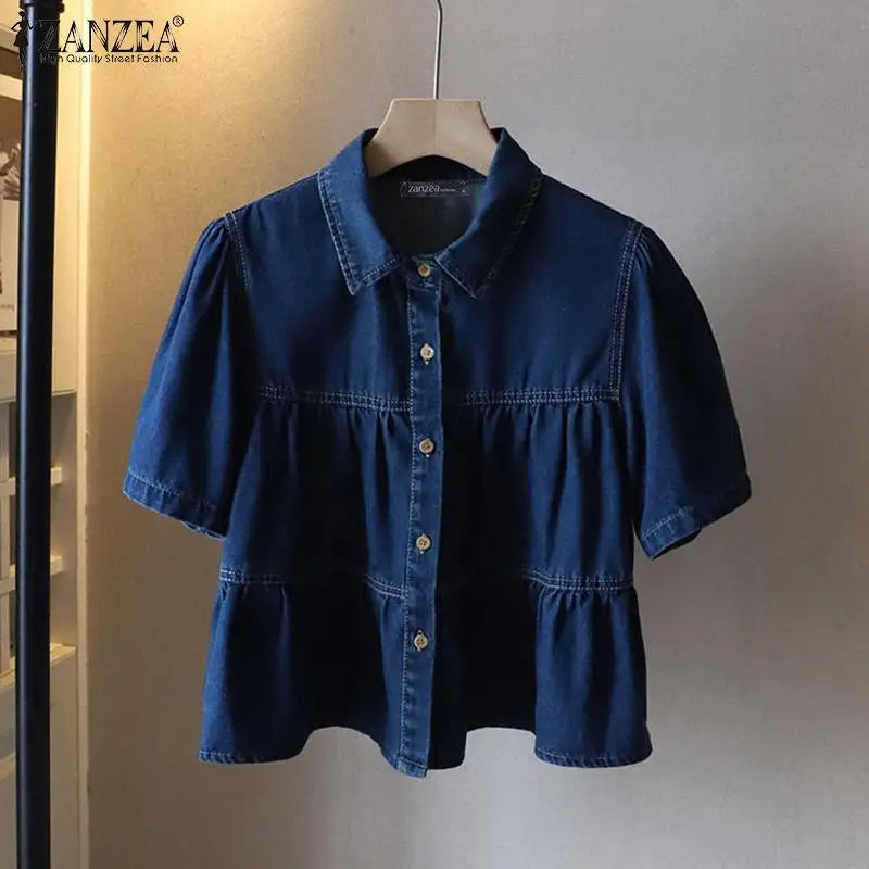 ZANZEA Women's Denim Blouse — Lapel Neck Short Sleeve Ruffled Holiday Shirt