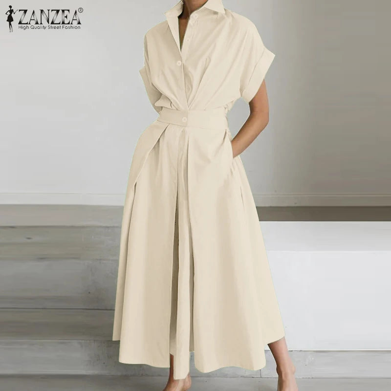 ZANZEA Women's A-Line Work Dress — Lapel Neck Short Sleeve Elegant Sundress