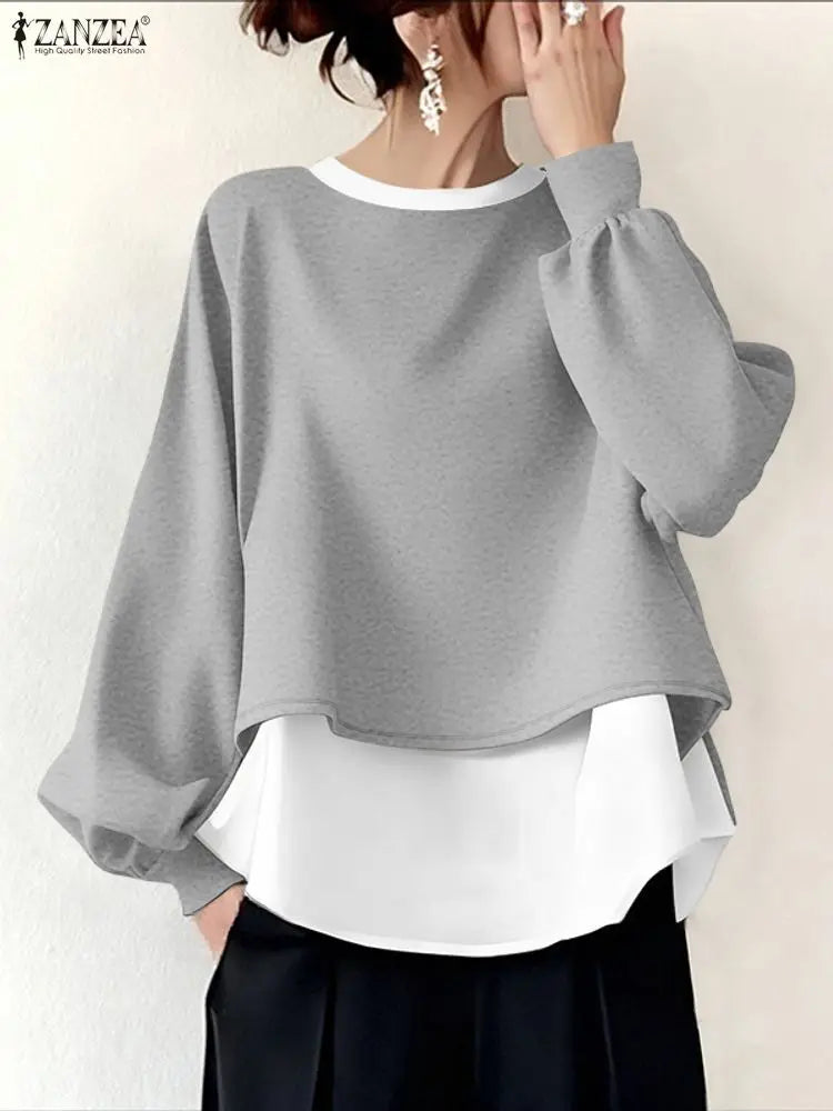 ZANZEA Women's Patchwork Sweatshirt — Fake 2-Piece Long Sleeve Pullover Top