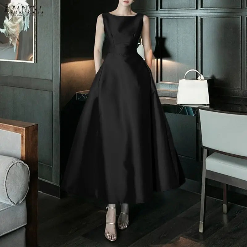 ZANZEA Women's Satin Midi Dress — Sleeveless A-Line Elegant Work Sundress
