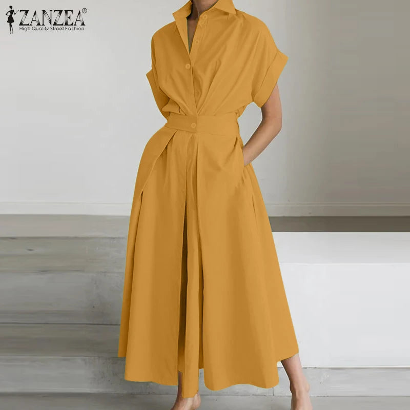 ZANZEA Women's A-Line Work Dress — Lapel Neck Short Sleeve Elegant Sundress
