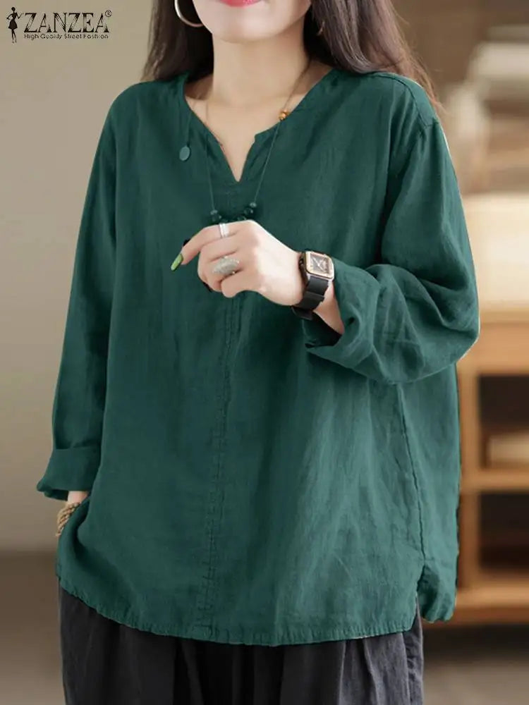 ZANZEA Women's Cotton Tunic Blouse — V-Neck Long Sleeve Loose Work Shirt