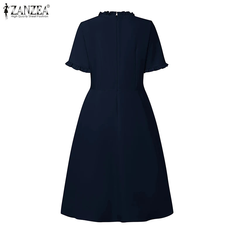 ZANZEA Women's Pleated Midi Dress — Short Sleeve O-Neck Office Sundress