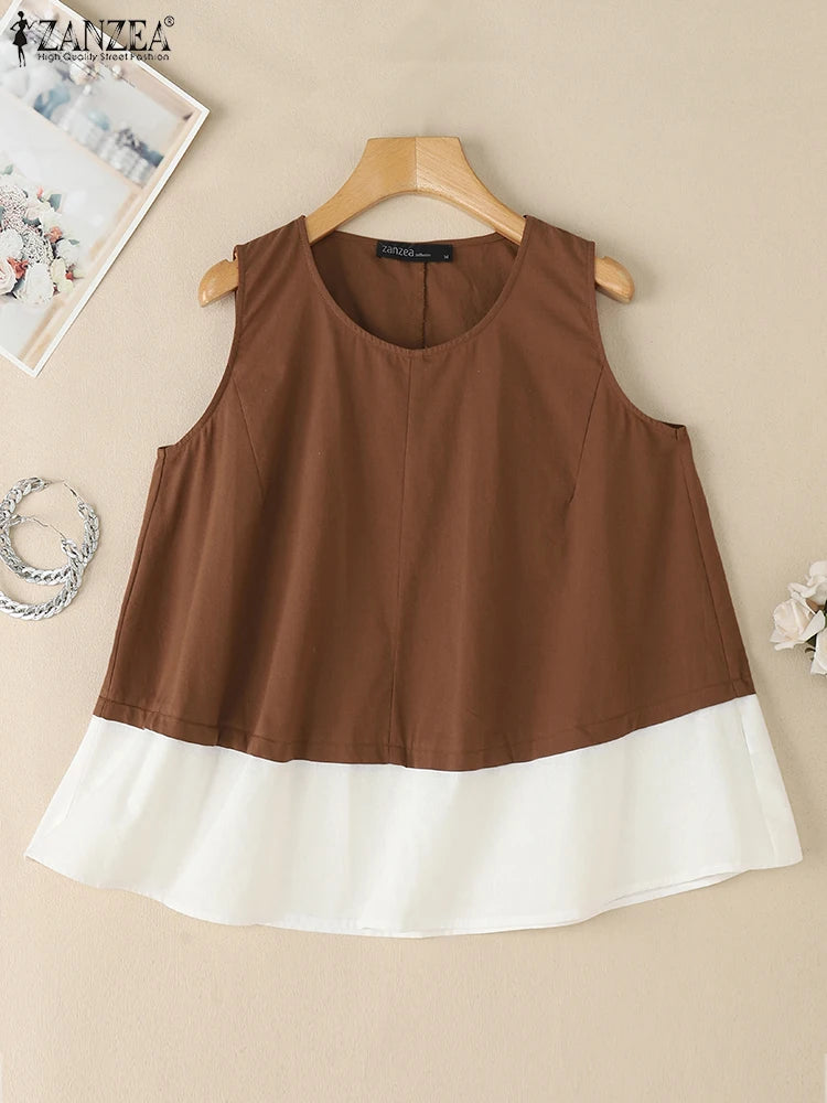 ZANZEA Women's Contrast Patchwork Tank Top — Loose Sleeveless Cotton Cami