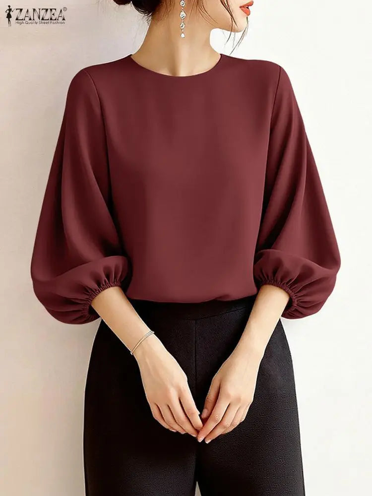 ZANZEA Women's Lantern Sleeve Blouse — 3/4 Sleeve Elegant O-Neck Work Top