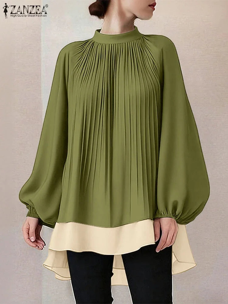ZANZEA Women's Patchwork Blouse — Long Lantern Sleeve Pleated Work Shirt