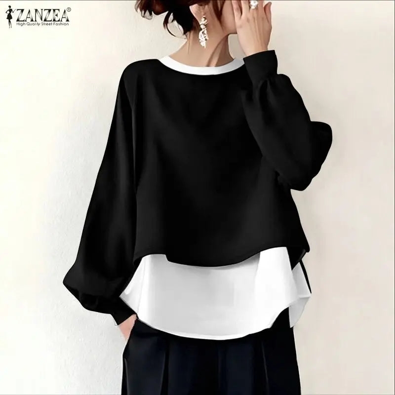 ZANZEA Women's Patchwork Sweatshirt — Fake 2-Piece Long Sleeve Pullover Top