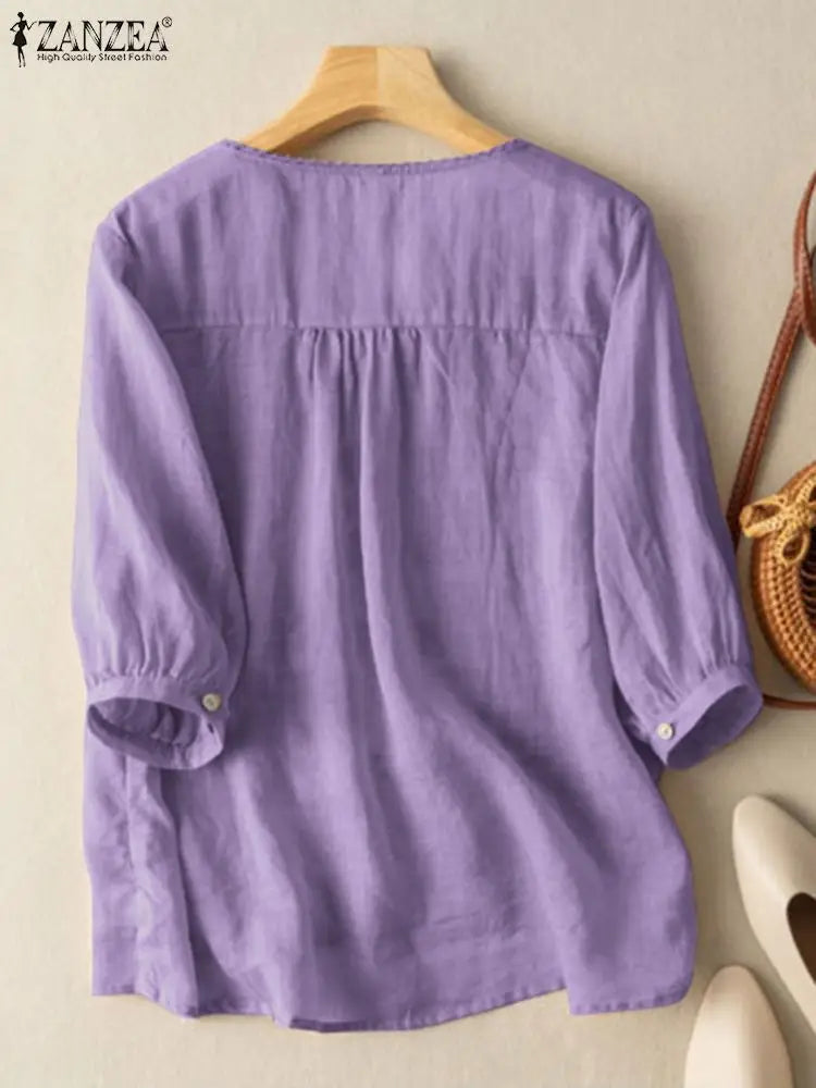 ZANZEA Women's Lace Crochet Blouse — 3/4 Puff Sleeve Embroidered Cotton Top