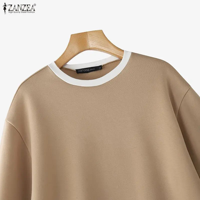 ZANZEA Women's Patchwork Sweatshirt — Fake 2-Piece Long Sleeve Pullover Top