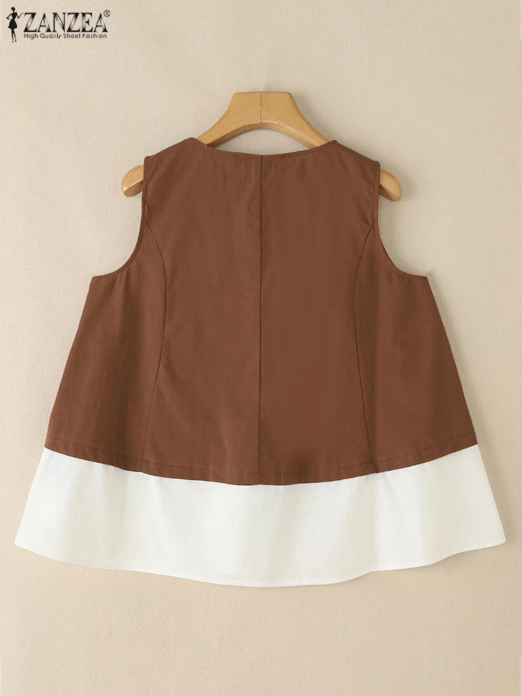 ZANZEA Women's Contrast Patchwork Tank Top — Loose Sleeveless Cotton Cami