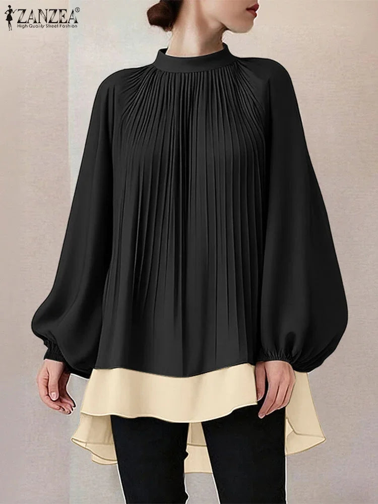 ZANZEA Women's Patchwork Blouse — Long Lantern Sleeve Pleated Work Shirt
