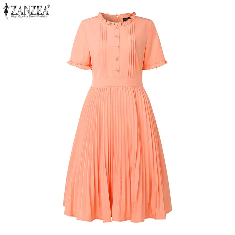 ZANZEA Women's Pleated Midi Dress — Short Sleeve O-Neck Office Sundress