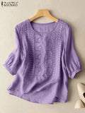 ZANZEA Women's Lace Crochet Blouse — 3/4 Puff Sleeve Embroidered Cotton Top
