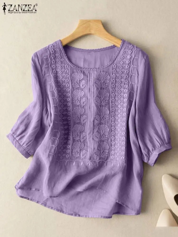 ZANZEA Women's Lace Crochet Blouse — 3/4 Puff Sleeve Embroidered Cotton Top