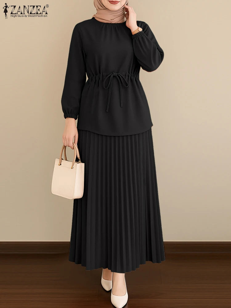 ZANZEA Women's 2-Piece Work Set — Long Sleeve Top & Pleated Maxi Skirt Outfit