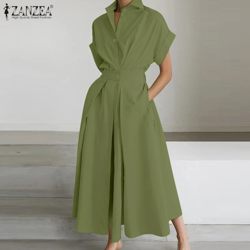 ZANZEA Women's A-Line Work Dress — Lapel Neck Short Sleeve Elegant Sundress