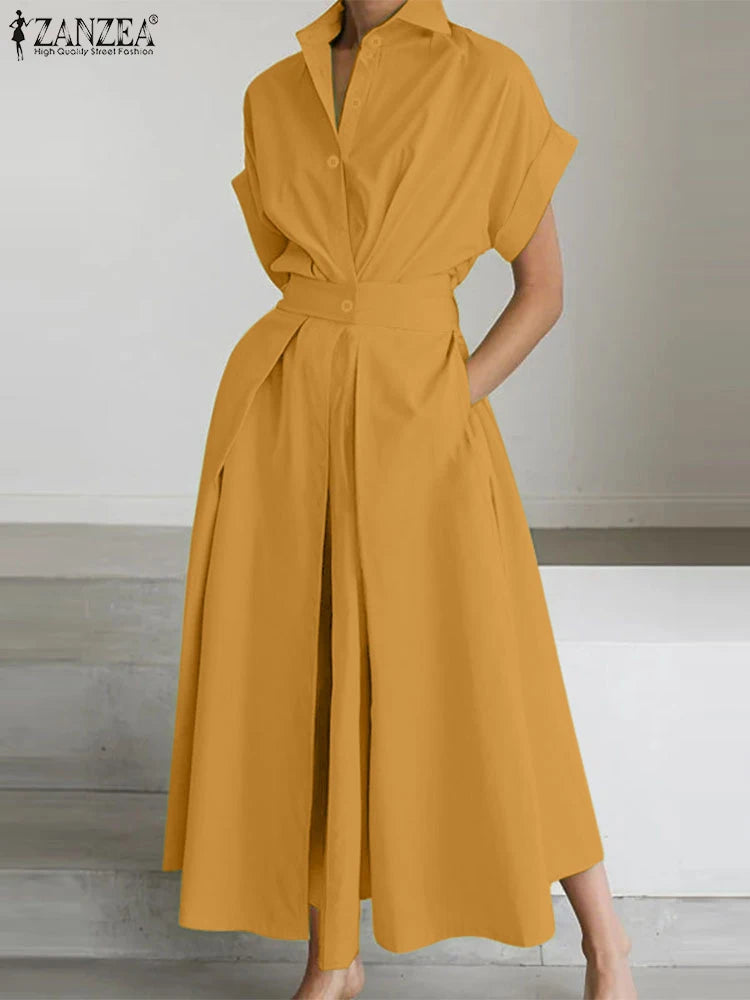 ZANZEA Women's A-Line Work Dress — Lapel Neck Short Sleeve Elegant Sundress
