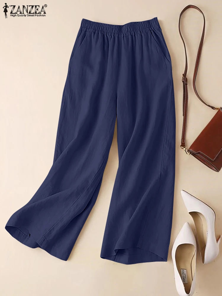 ZANZEA Women's Wide Leg Palazzo Pants — Elastic Waist Cotton Trousers