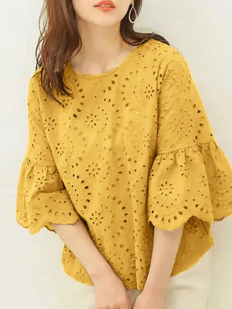 ZANZEA Women's Lace Crochet Blouse — 3/4 Sleeve Hollow Out Embroidery Work Top