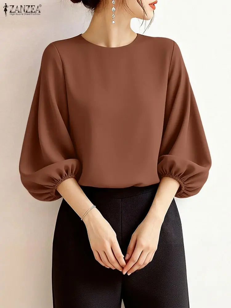 ZANZEA Women's Lantern Sleeve Blouse — 3/4 Sleeve Elegant O-Neck Work Top