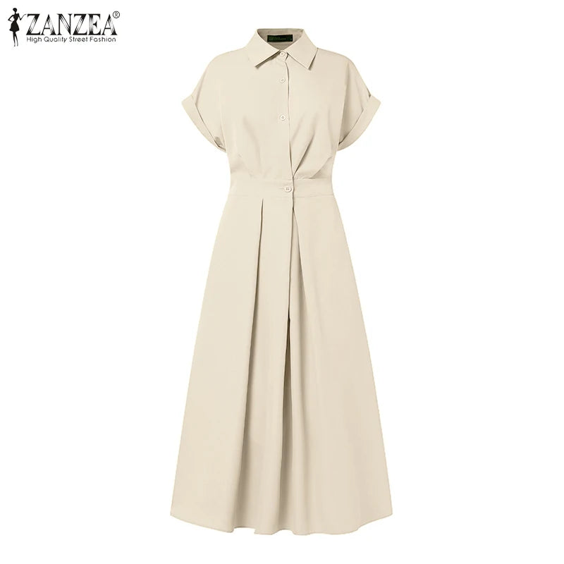 ZANZEA Women's A-Line Work Dress — Lapel Neck Short Sleeve Elegant Sundress