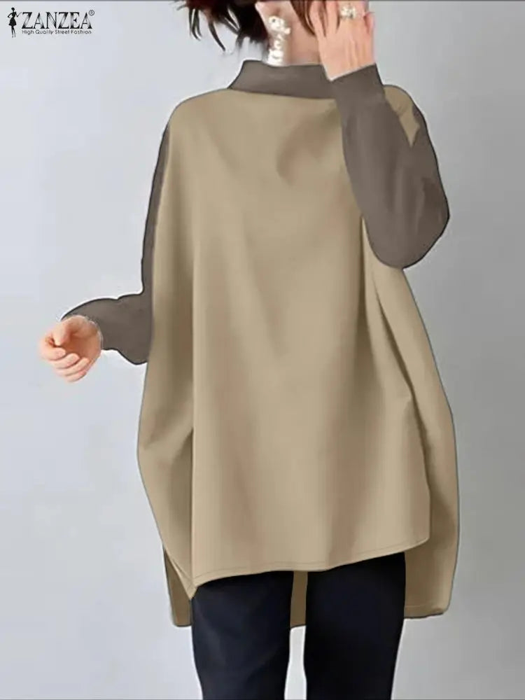ZANZEA Women's Contrast Patchwork Pullover — Oversized Long Sleeve Stand Collar Top