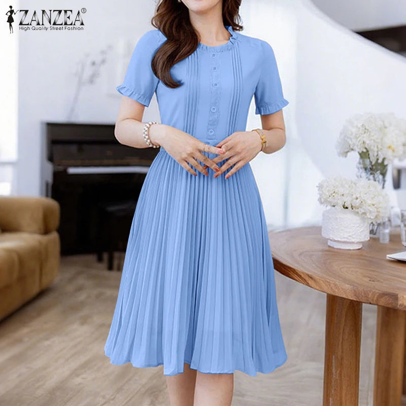 ZANZEA Women's Pleated Midi Dress — Short Sleeve O-Neck Office Sundress