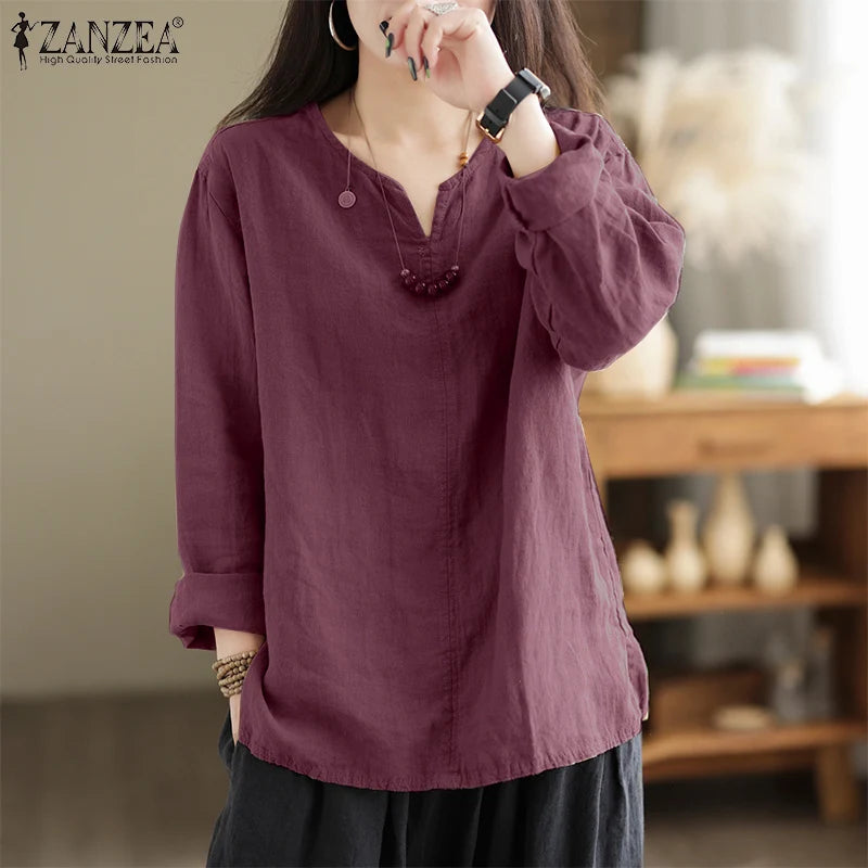 ZANZEA Women's Cotton Tunic Blouse — V-Neck Long Sleeve Loose Work Shirt