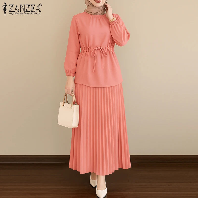 ZANZEA Women's 2-Piece Work Set — Long Sleeve Top & Pleated Maxi Skirt Outfit