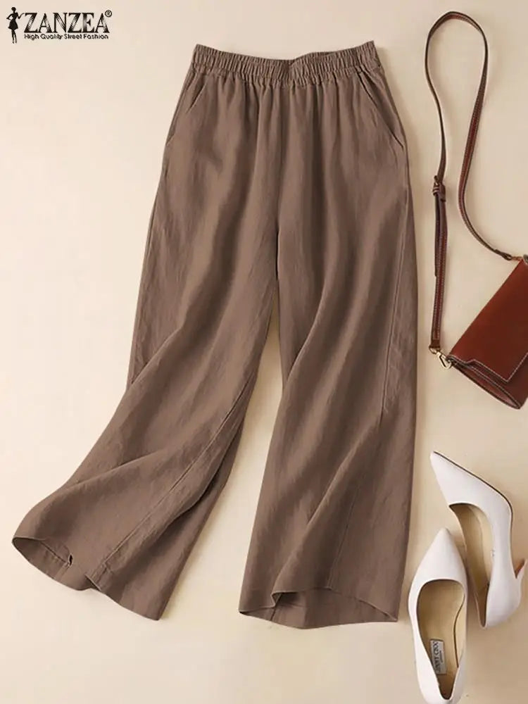ZANZEA Women's Wide Leg Palazzo Pants — Elastic Waist Cotton Trousers