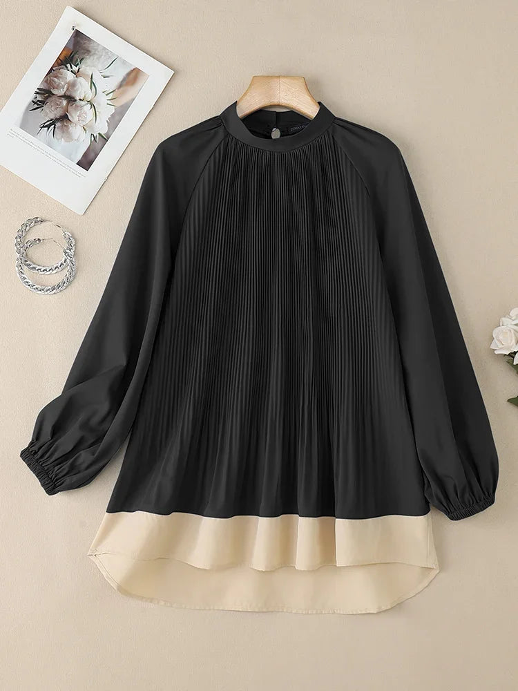 ZANZEA Women's Patchwork Blouse — Long Lantern Sleeve Pleated Work Shirt