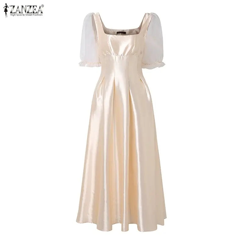 ZANZEA Women's Mesh Patchwork Party Dress — Square Neck Puff Sleeve Sundress