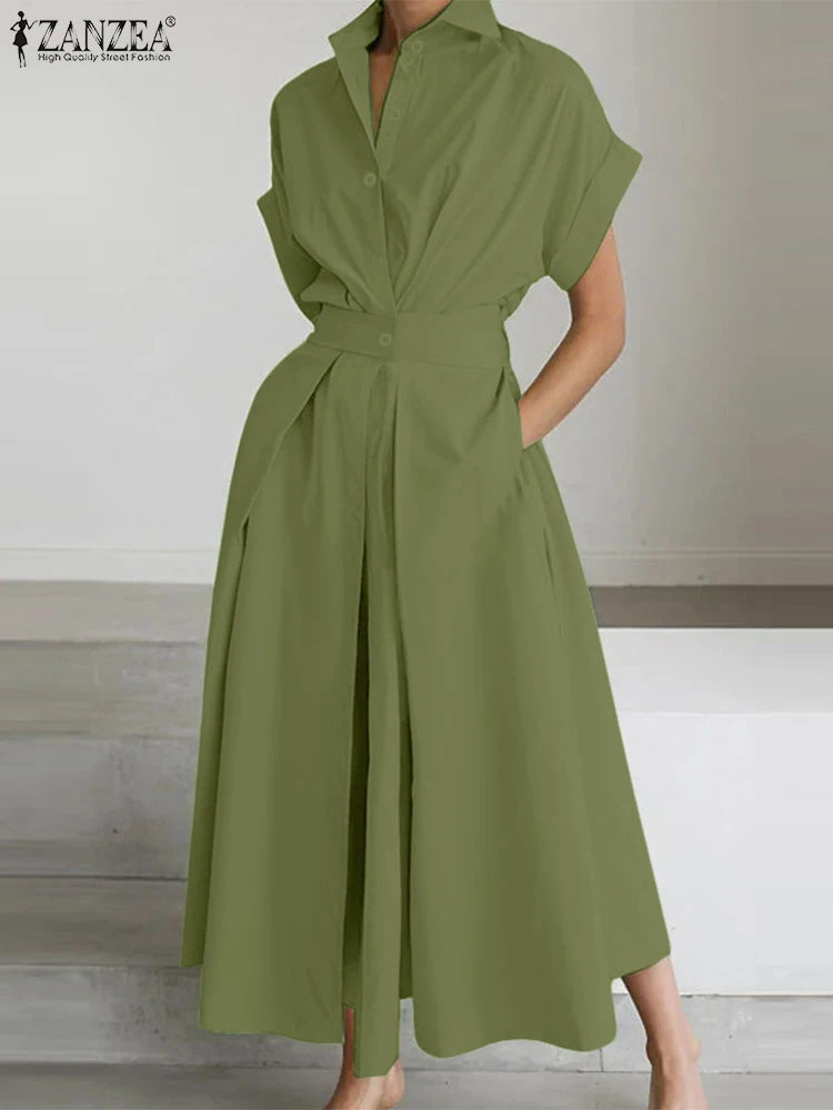 ZANZEA Women's A-Line Work Dress — Lapel Neck Short Sleeve Elegant Sundress