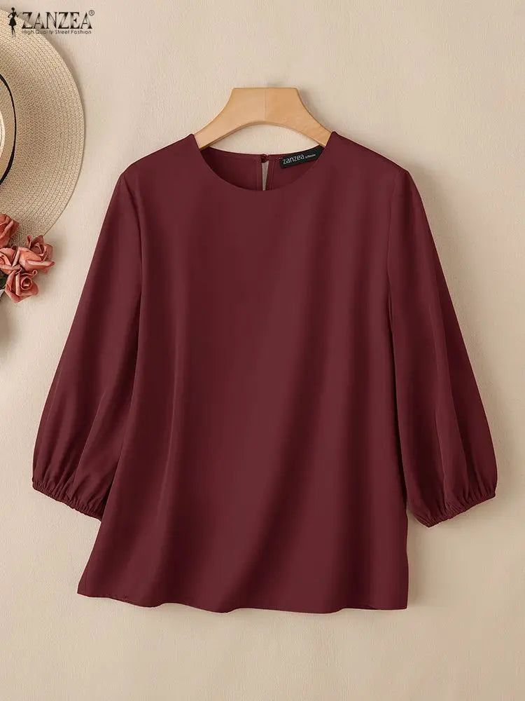 ZANZEA Women's Lantern Sleeve Blouse — 3/4 Sleeve Elegant O-Neck Work Top