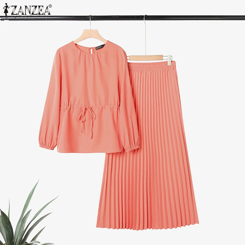 ZANZEA Women's 2-Piece Work Set — Long Sleeve Top & Pleated Maxi Skirt Outfit