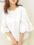 ZANZEA Women's Lace Crochet Blouse — 3/4 Sleeve Hollow Out Embroidery Work Top