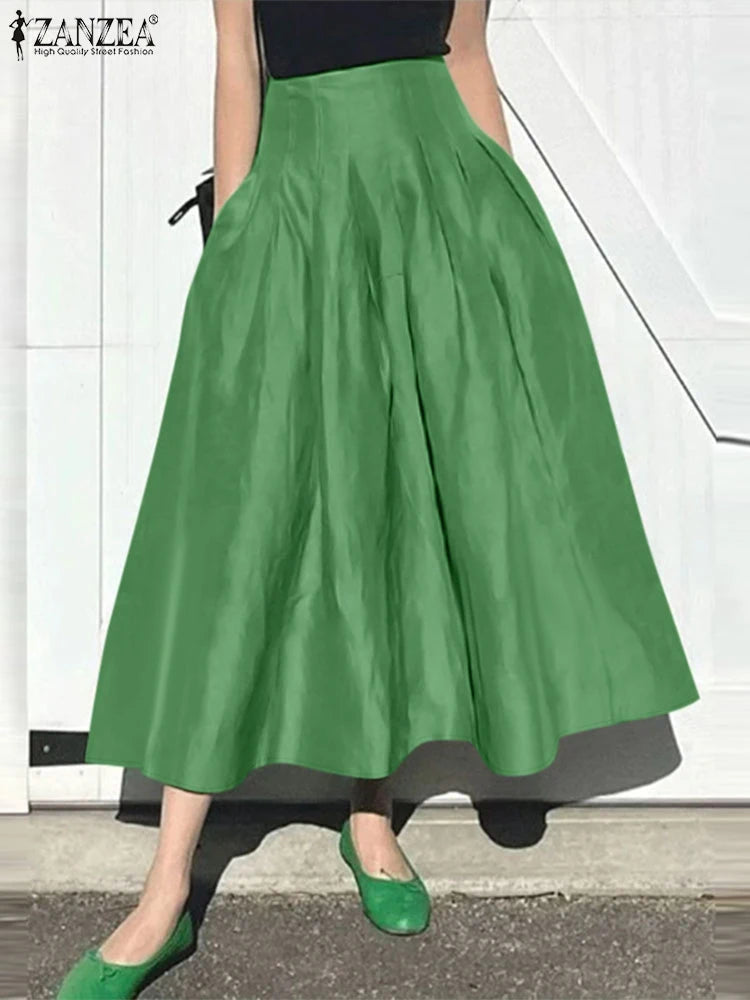 ZANZEA Women's Pleated A-Line Maxi Skirt — High Waist Elegant Long Skirt