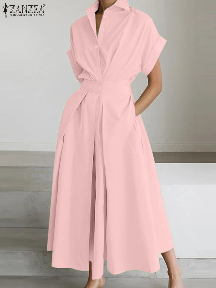 ZANZEA Women's A-Line Work Dress — Lapel Neck Short Sleeve Elegant Sundress